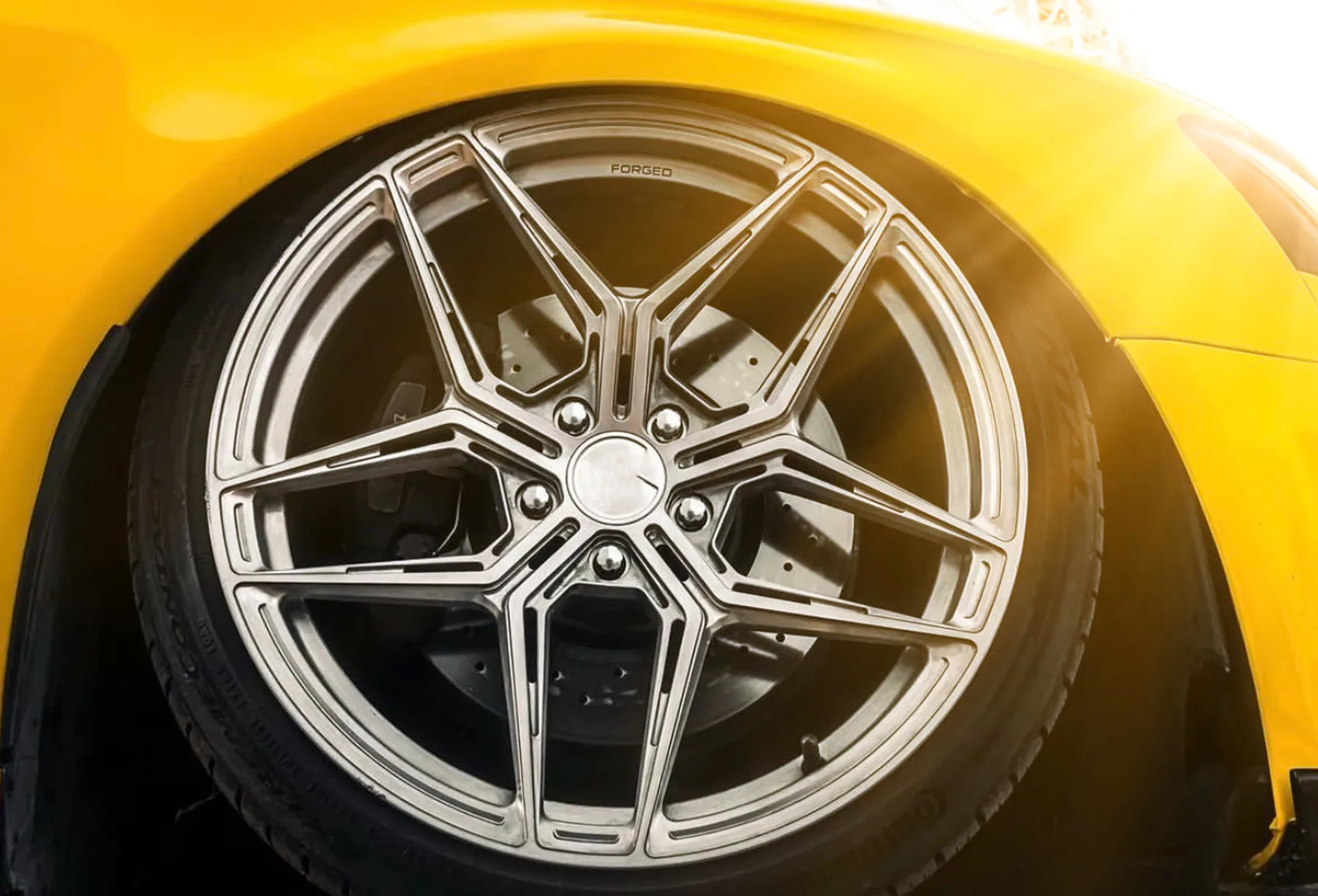 URBANLUGS forged wheel in silver 5-spoke design on a yellow car